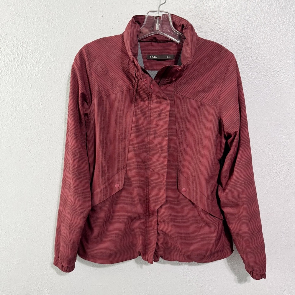 Nau Red Utility Jacket with Stand-Up hidden hat in Collar and Cropped Length sm